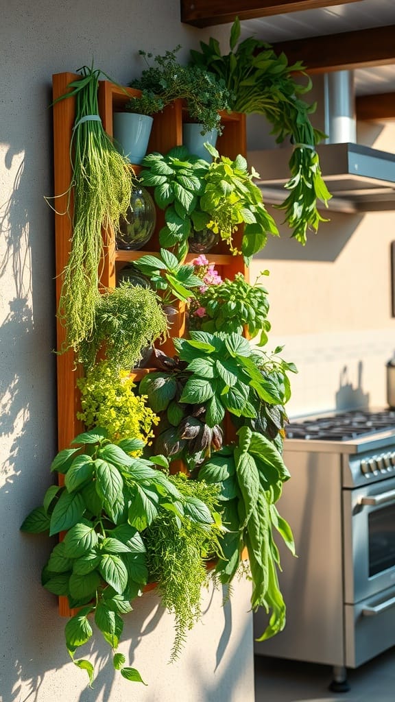 A vertical garden with various herbs displayed in a wooden planter, situated near an outdoor kitchen.