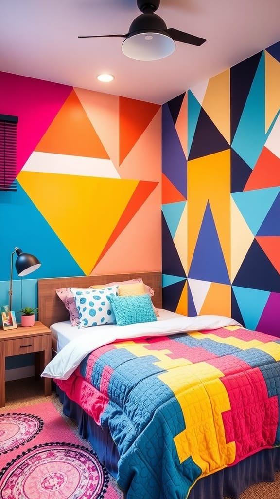 A modern teen boy bedroom featuring vibrant geometric patterns and colorful decor.