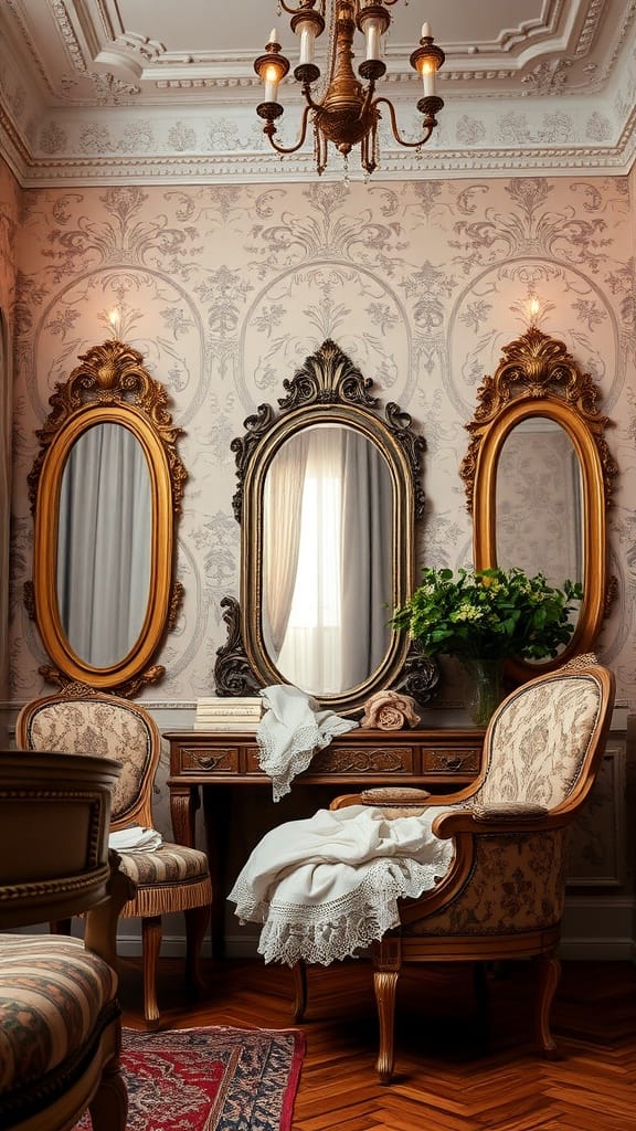 A beautifully decorated Victorian dressing room featuring ornate mirrors, elegant chairs, and floral arrangements.