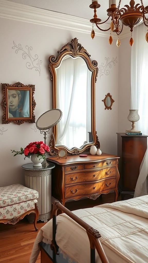 A vintage bedroom with a wooden bed, ornate mirror, floral stool, and soft curtains