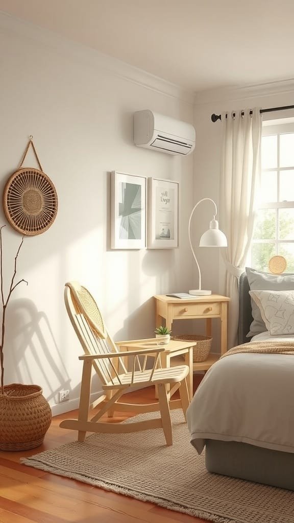 Cozy coastal bedroom featuring a vintage beach chair, natural light, and soft decor.