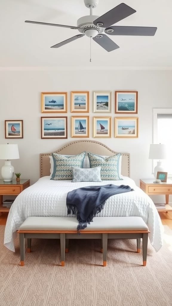 Cozy coastal bedroom featuring vintage beach photography on the wall.