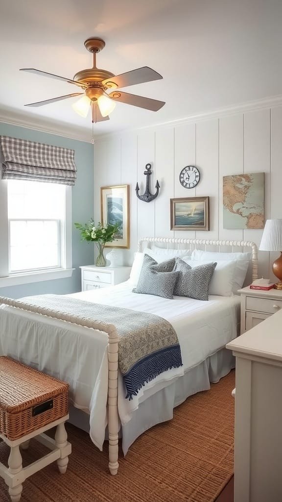 Cozy coastal bedroom featuring vintage signs on the wall