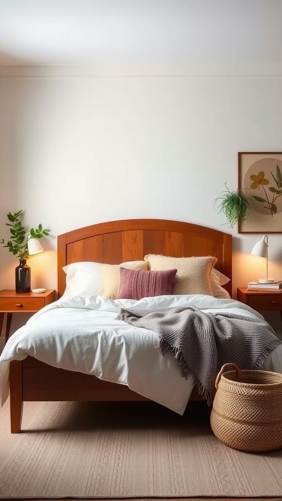 A cozy Scandinavian-style bedroom featuring a wooden bed frame, soft linens, and vintage decor.