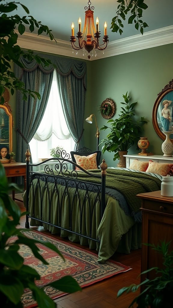 A vintage forest green bedroom featuring elegant decor and plants.