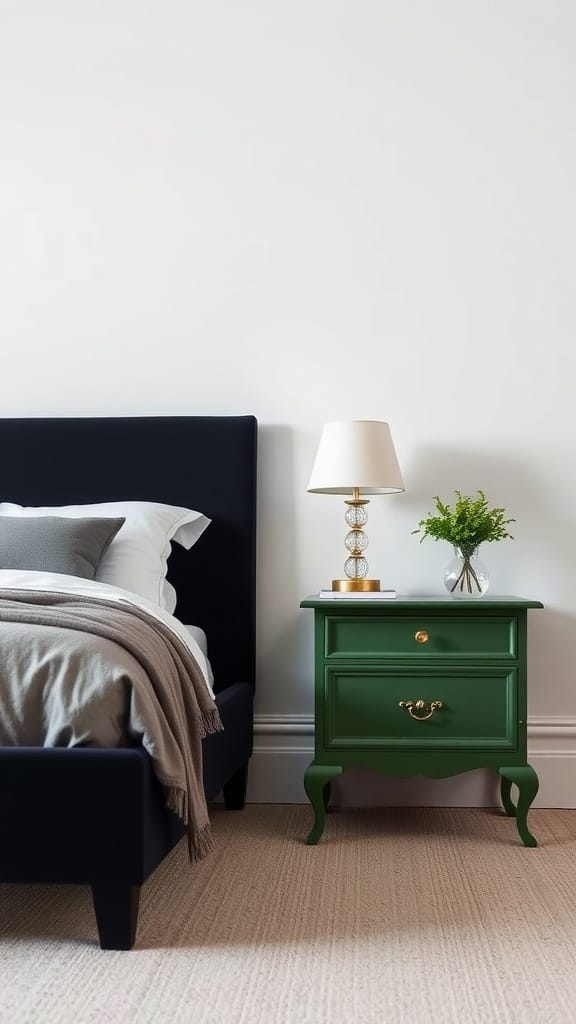 A stylish vintage green nightstand next to a dark bed, decorated with a lamp and a small plant.