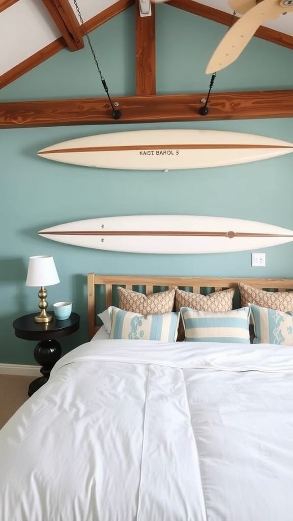 Coastal bedroom featuring wall-mounted surfboards above a bed, with a light and airy design.