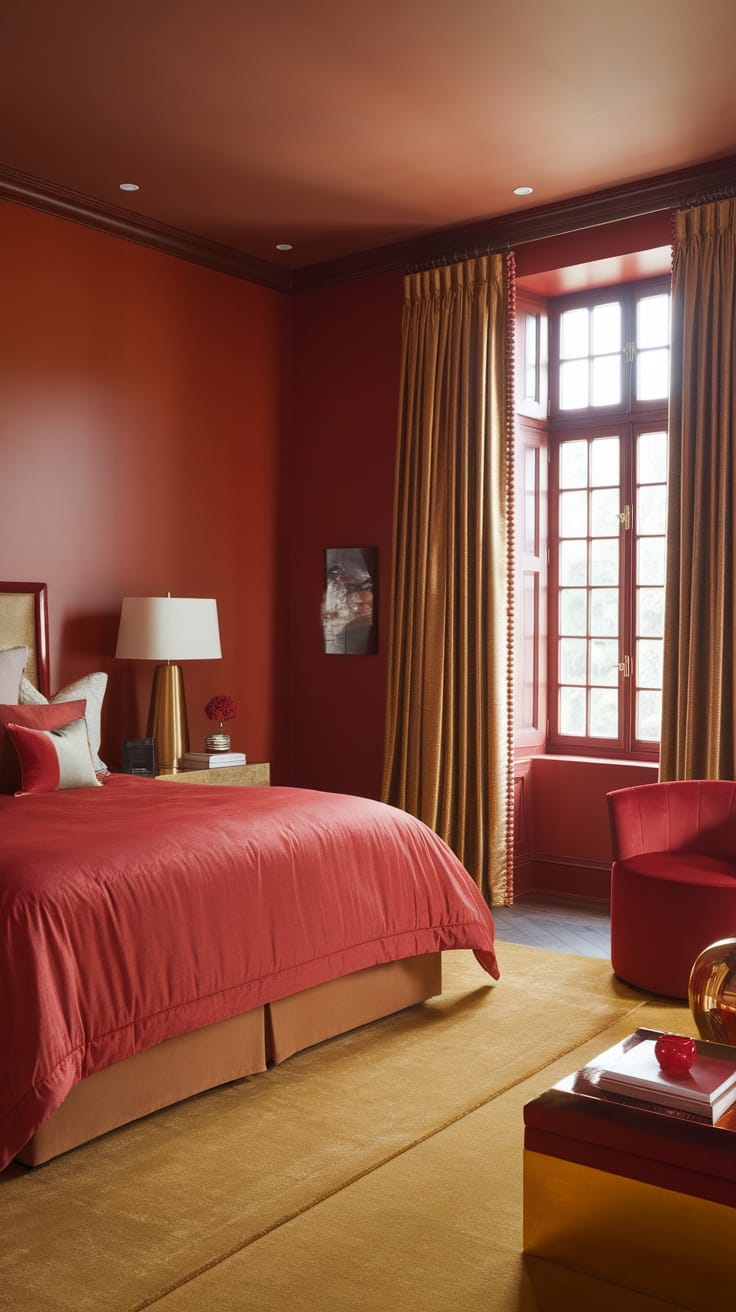 A romantic bedroom featuring warm color palettes with deep red walls and gold accents.