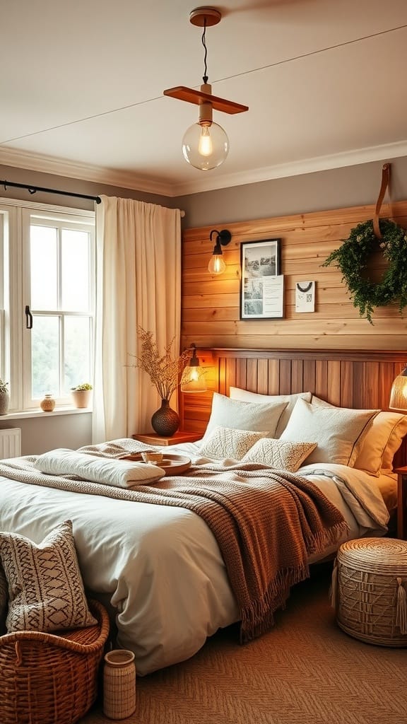 A cozy Scandinavian-inspired bedroom featuring soft textures and warm colors.