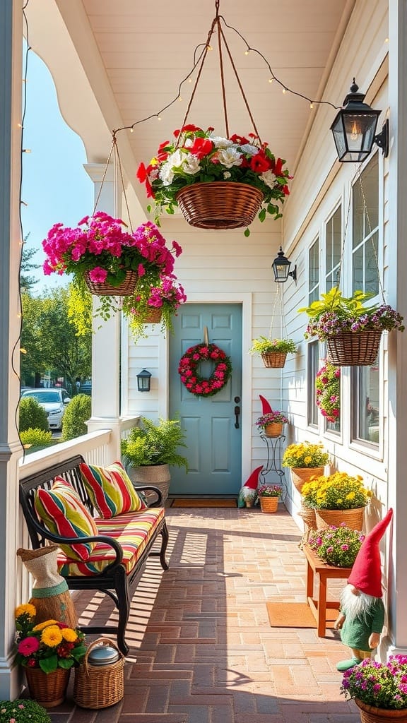 A colorful and cheerful spring front porch with hanging flower baskets, gnomes, and vibrant pillows.