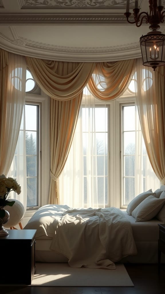 A cozy and elegantly designed bedroom with large windows, soft curtains, and a well-made bed