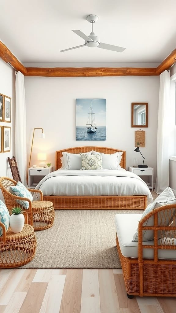 A cozy coastal bedroom featuring woven rattan furniture, including a bed with a rattan headboard and matching chairs.