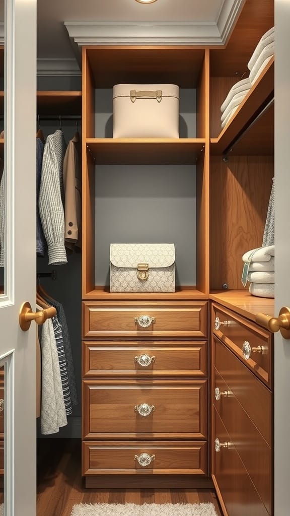 A well-organized small closet with crystal knobs and pulls.