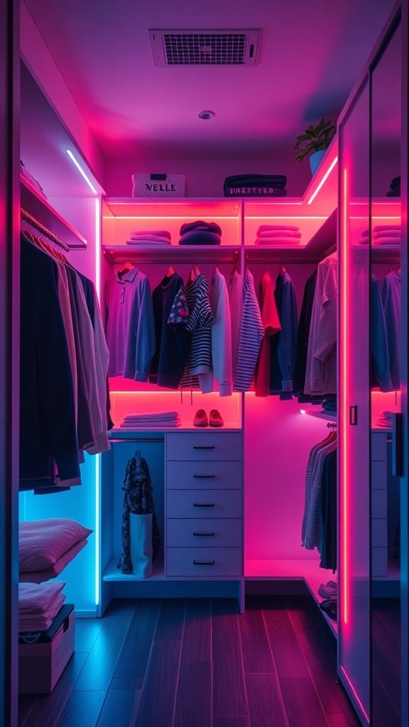 A modern closet with LED lighting strips illuminating clothes and shelves.