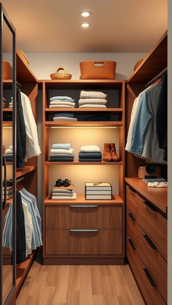 Organized small closet featuring walnut wood shelves with clothing and accessories.