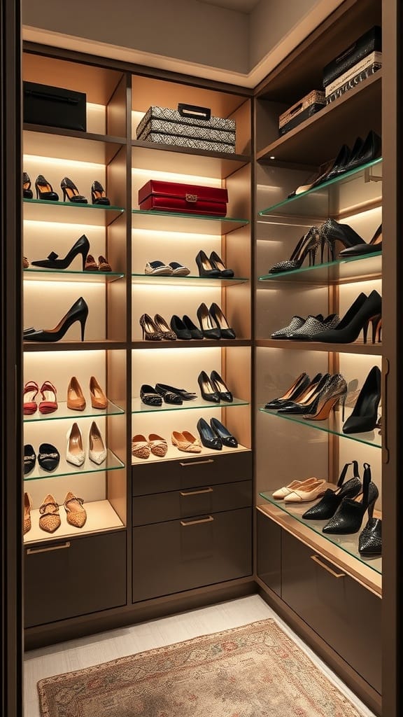 Stylish shoe display in a small master closet with elegant lighting and organized shelves.