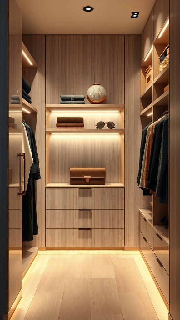 Organized small closet with textured panels and warm lighting.