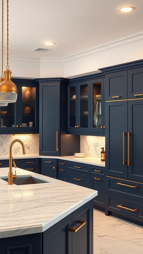 Dark navy kitchen cabinets with gold hardware and white marble countertops.