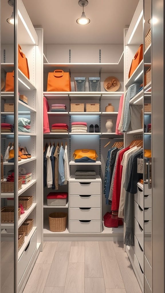 A well-organized small closet featuring customizable shelving and metallic trim accents.
