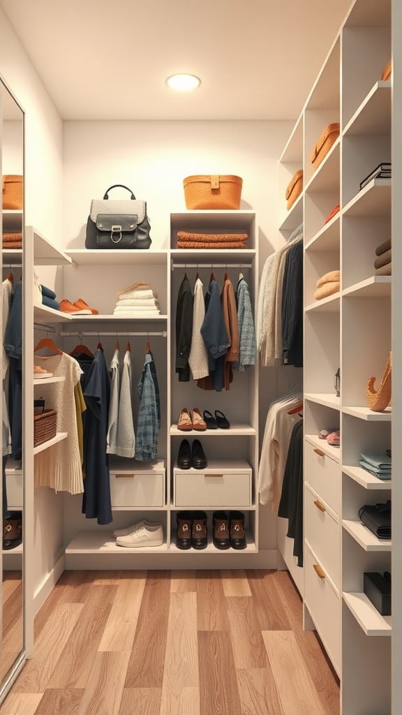 A well-organized small closet featuring modular shelving, clothes, shoes, and storage baskets.