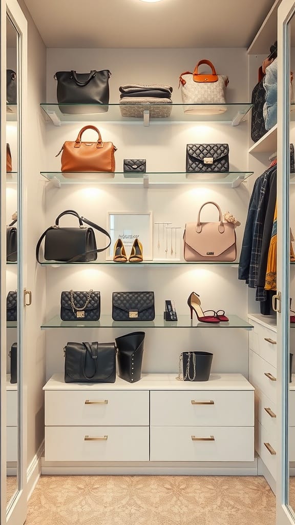 A small closet with tiered glass shelves displaying designer handbags and accessories.