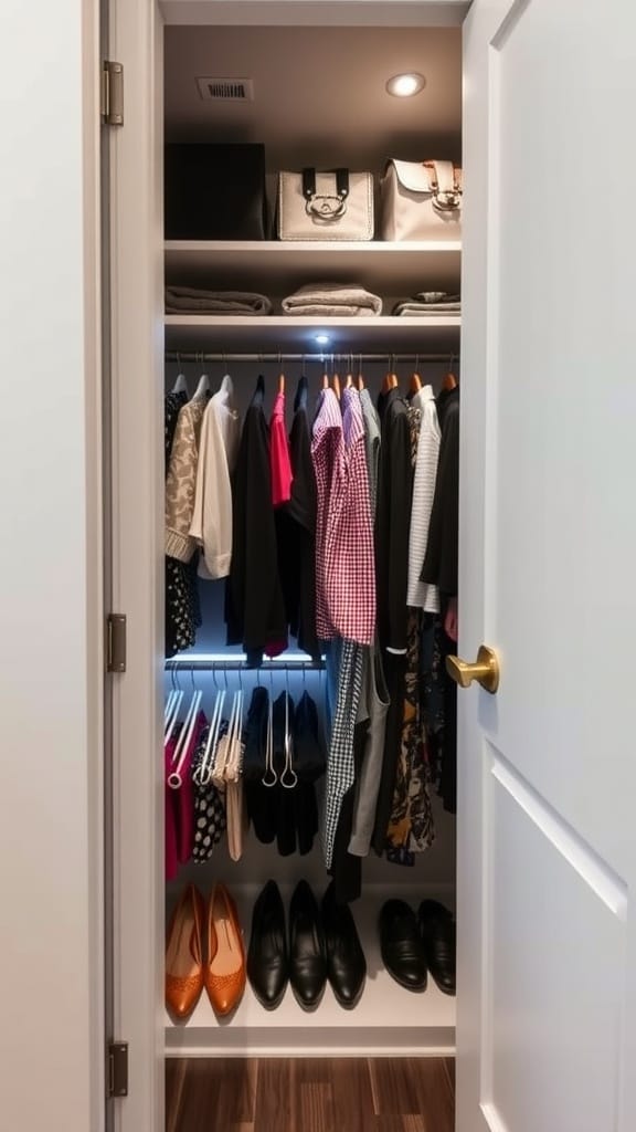 A well-organized small closet featuring hidden LED spotlights illuminating clothes and accessories.