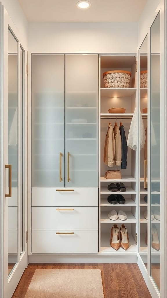 A beautifully organized small closet with frosted glass cabinet doors, featuring clothes, shoes, and storage baskets.