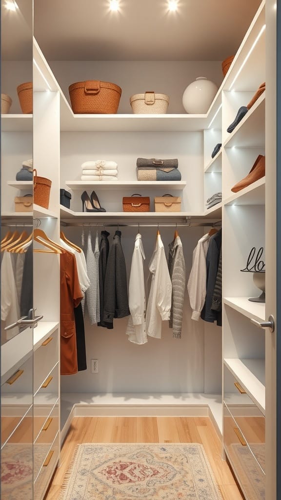 A well-organized small closet with high-gloss finishes and reflective surfaces.