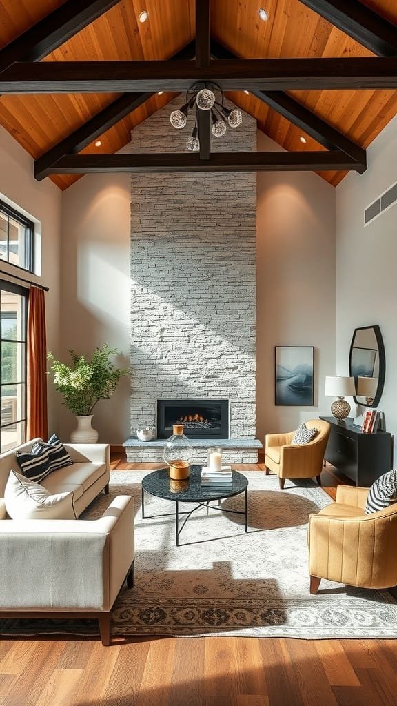 A modern living room with high ceilings, featuring wooden beams and elegant furniture.