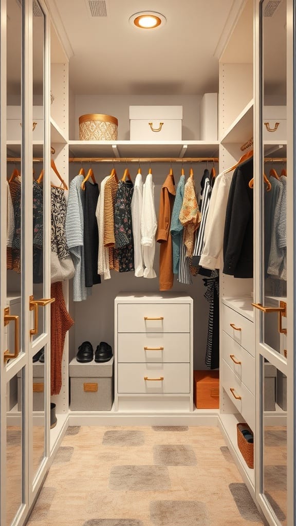 A well-organized closet with gold accents and clothing.