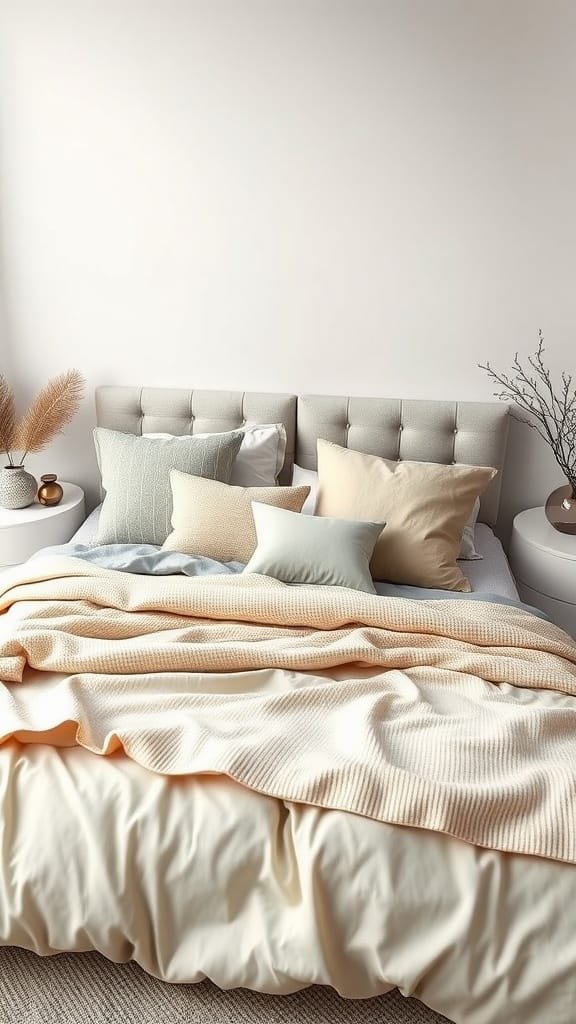 A modern bedroom featuring layered bedding in soft colors and textures.