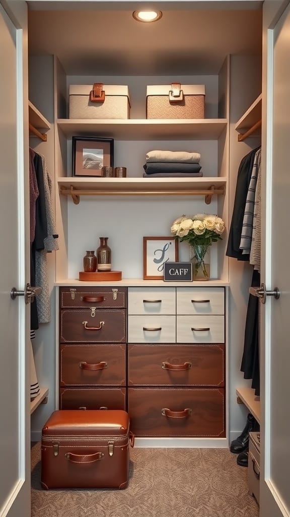 Organized small closet featuring leather storage boxes and clothing.