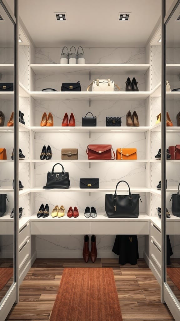 A luxurious small closet with marble shelving showcasing shoes and handbags.