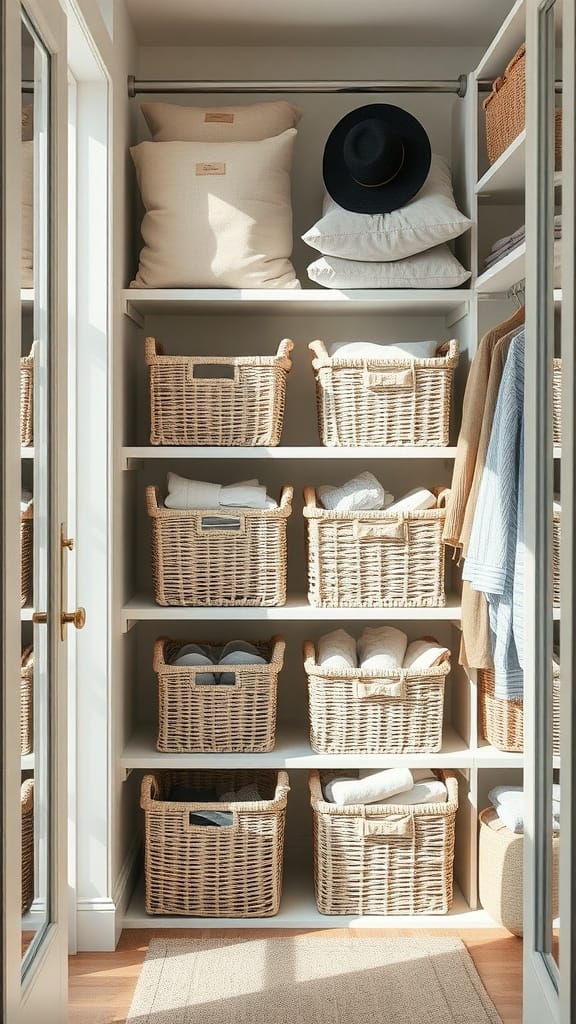 Organized small closet with linen baskets and storage.