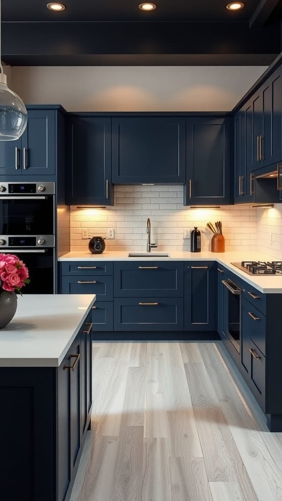 A modern kitchen featuring dark navy cabinets, white countertops, and bright lighting.
