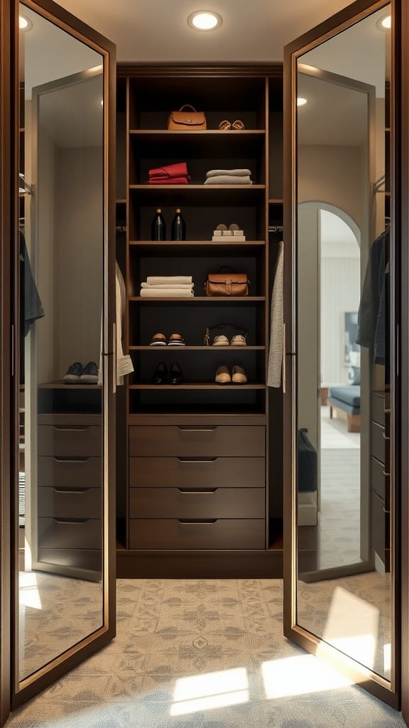A small closet with mirror panels, organized shelves, and drawers