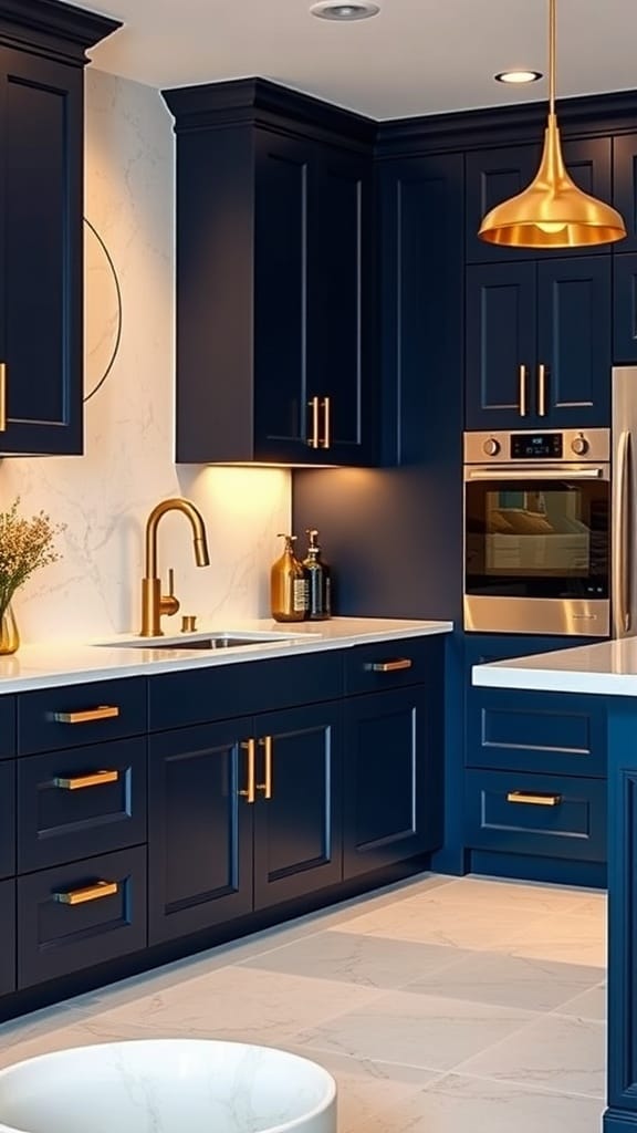 A modern kitchen featuring navy blue cabinets with gold and brass accents, a stylish range hood, and a light stone countertop.