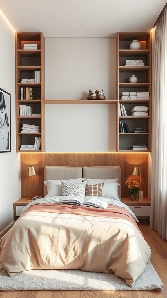 A modern bedroom with modular storage, showcasing a clean and minimalist design.