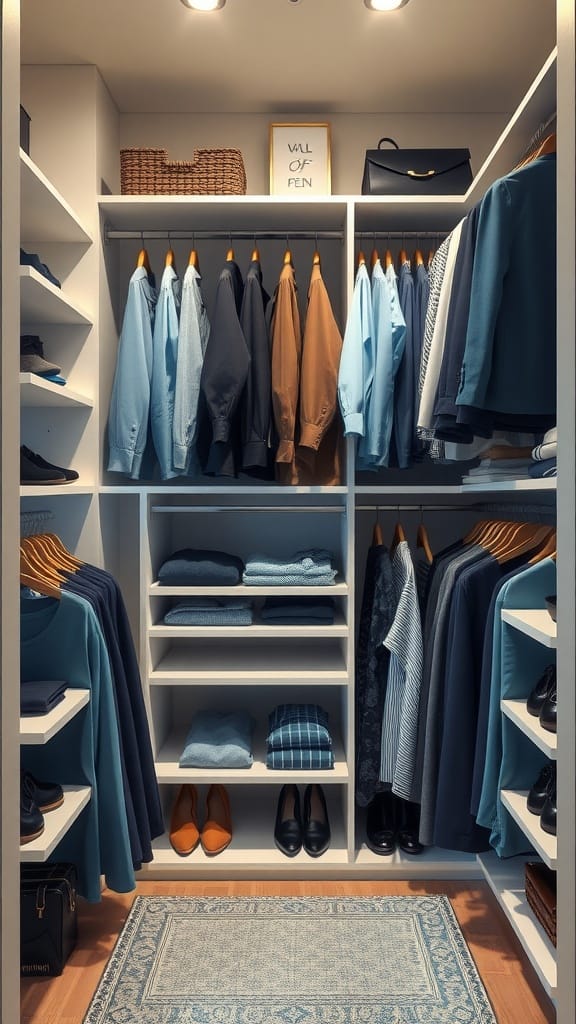 A neatly organized small closet with a monochromatic color scheme featuring shades of blue.