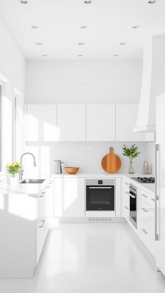 A modern white kitchen with sleek cabinets, a textured backsplash, and natural wooden accents.
