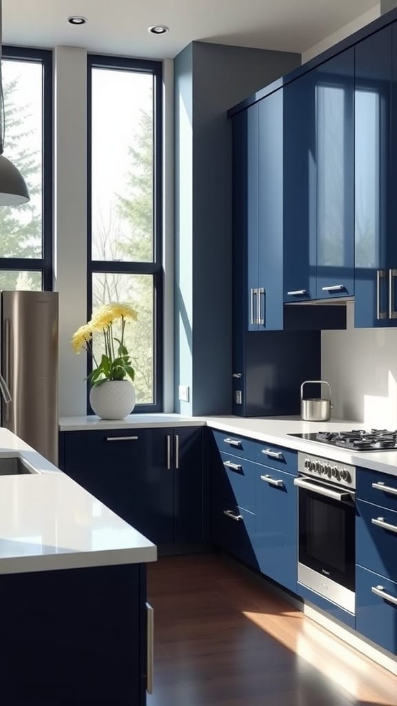 Modern kitchen with navy blue cabinets and white countertops