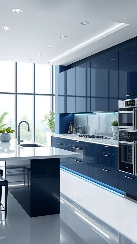 Modern navy blue kitchen cabinets with integrated LED lighting