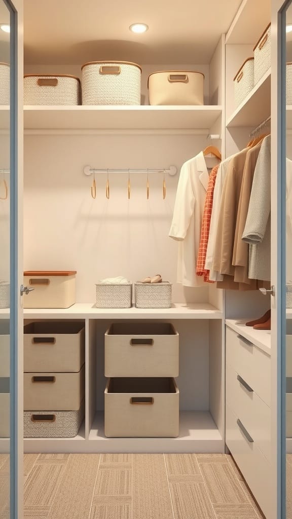 A well-organized small closet featuring neutral-toned organizers, baskets, and hanging clothes.