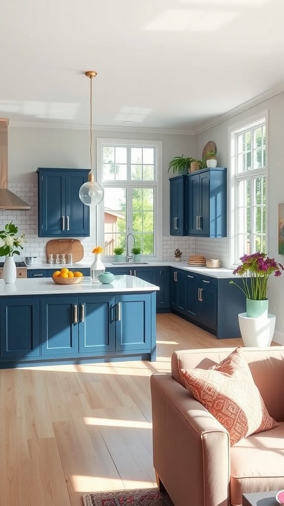 A spacious open concept kitchen with dark navy kitchen cabinets, white countertops, large windows, and plants.