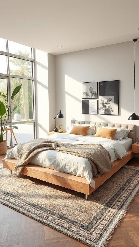 A modern bedroom featuring a platform bed, large windows, and a stylish rug.