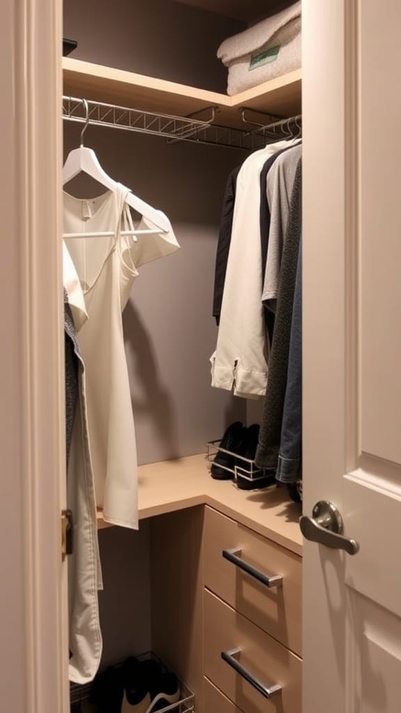 A well-organized small closet with polished chrome accessories and storage bins.