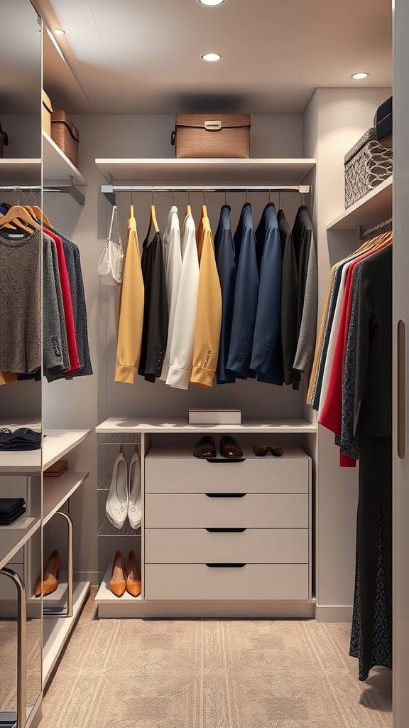 Organized small closet with sleek acrylic dividers, showcasing clothes and shoes.