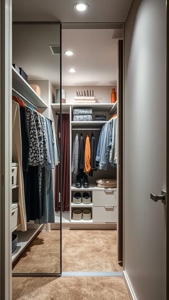 A well-organized small closet with sleek sliding mirror doors.