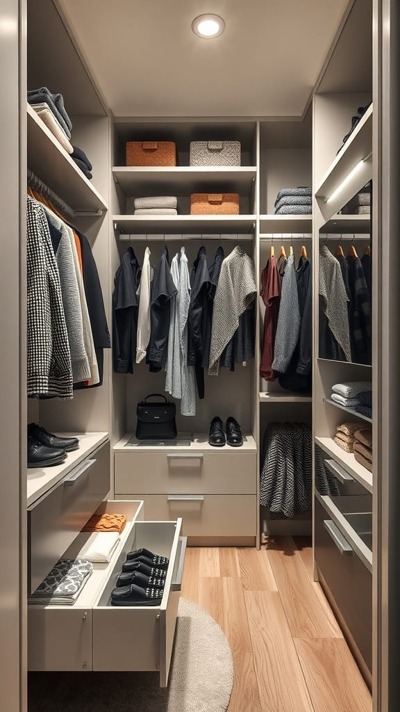 Organized small closet with soft-touch drawer inserts and neatly arranged clothing.