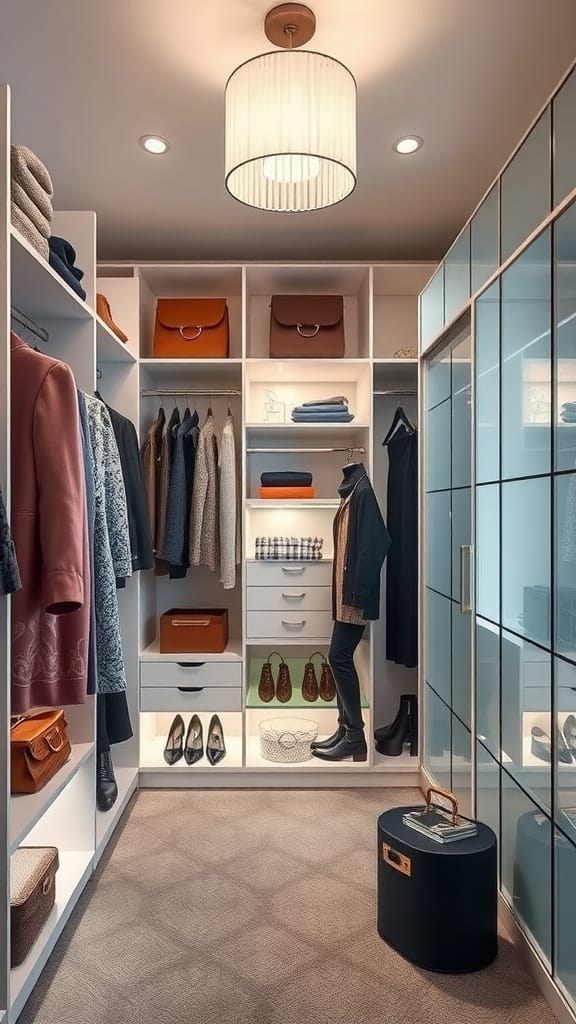 A beautifully organized small closet with stylish lighting and clothing arrangements.